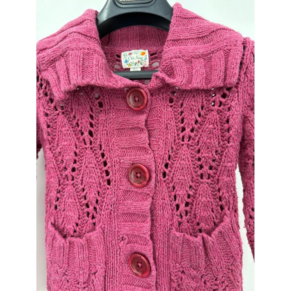 Vintage Old Navy Girls‎ Raspberry Pink Chunky Pointelle Knit Cardigan Sweater 4T